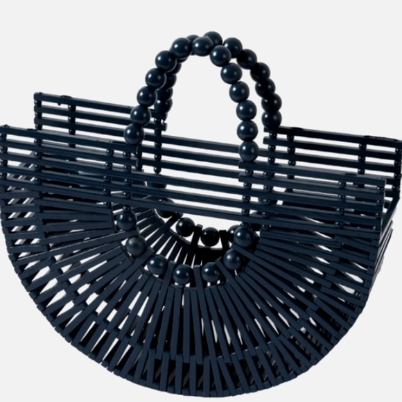 Black Bamboo Boho Beach Bag Woven Wicker Summer Tote Hippie Bohemian Purse New - Picture 1 of 8